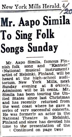 Mr. Aapo Similä To Sing Folk Songs Sunday - New York Mills Herald